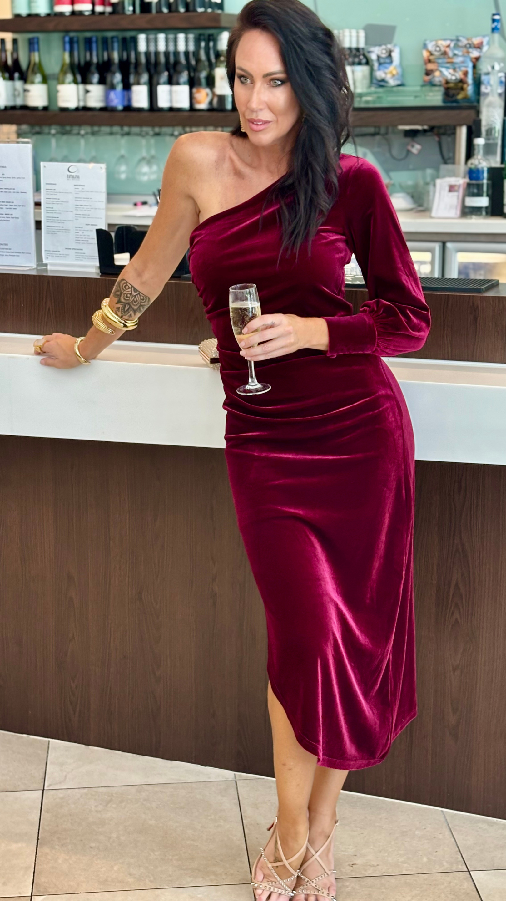 Belle Stretch Velvet Dress - Merlot